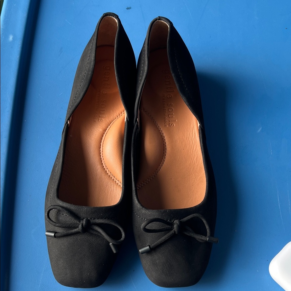 gentle souls Black Suede Ballet Flats with Bow Accent